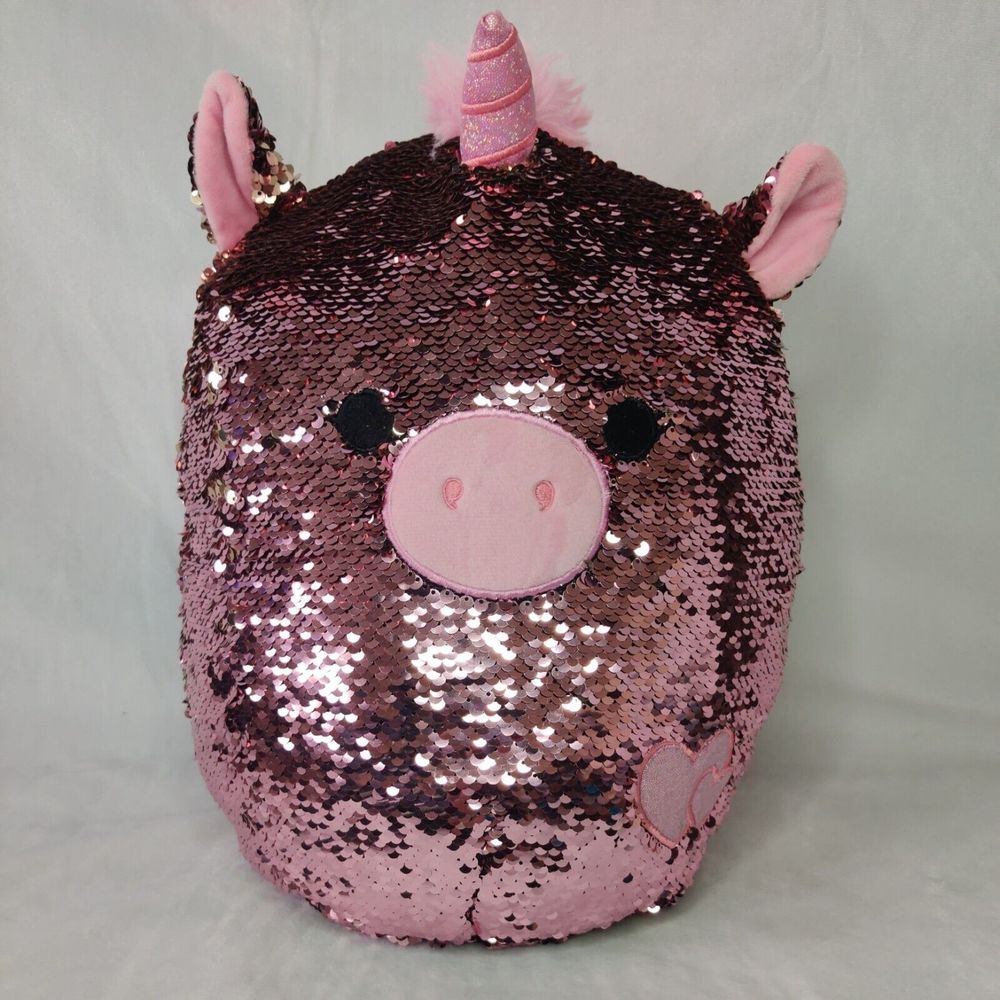 Squishmallows Pink Unicorn Pig Plush Reversible Gold Sequins 12" With Hearts